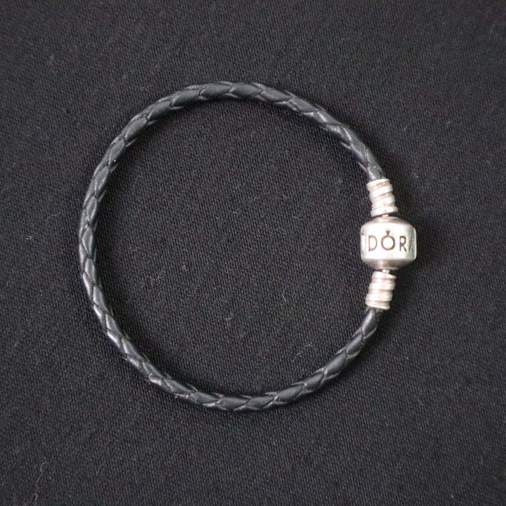 Pandora Black Braided Leather Sterling Silver Clasp Charm Bracelet - Size 6.5" - Picture 3 of 4